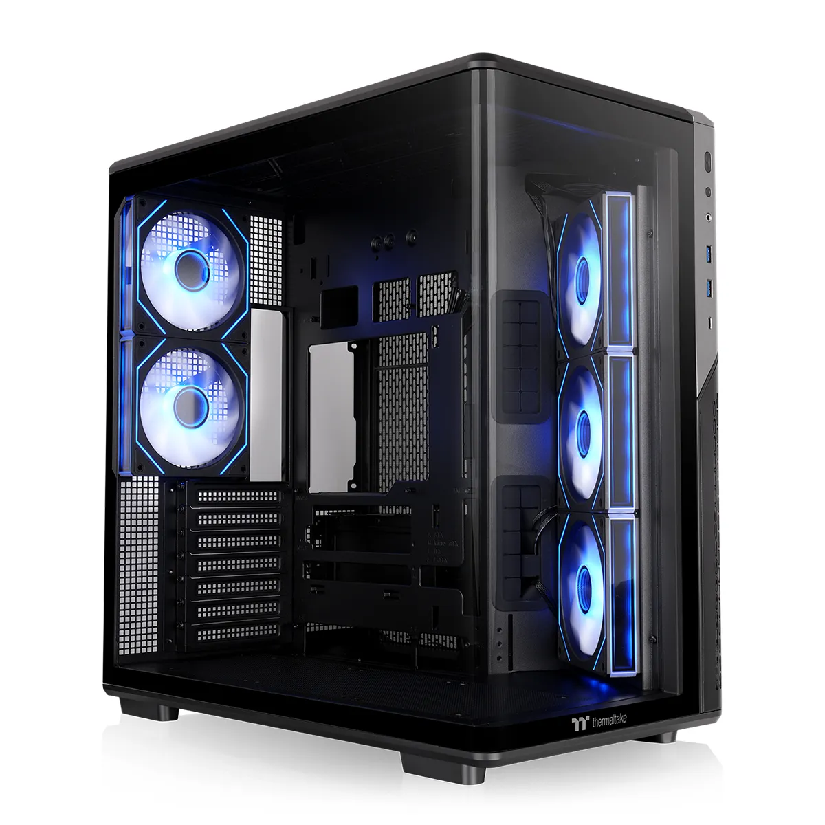 Thermaltake View 590 negra con panel de cristal curvo y cinco ventiladores iluminados en azul